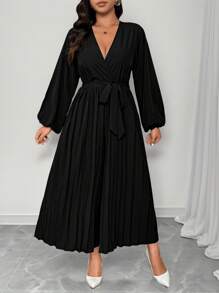 Elenzga Women's Elegant V-Neck Ruched Waist Long Sleeve Solid Color Plus Size Jumpsuit - Black - View 7