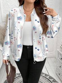 SHEIN LUNE Plus Size Casual Retro Floral Pattern Jacket, Suitable For Spring Outings Autumn And Winter Fall - White - View 1