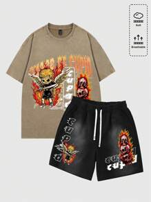 ROMWE MEN Street Life 2pcs Men Hip Hop Washed Skeleton Print T-Shirt And Shorts Set, Halloween - Brown - View 1