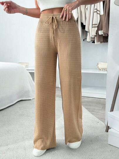 EURMUSE Solid Color Drawstring Plaid Textured Sweater & Pants Set,Burgundy Trousers