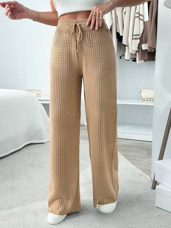 EURMUSE Solid Color Drawstring Plaid Textured Sweater & Pants Set,Burgundy Trousers