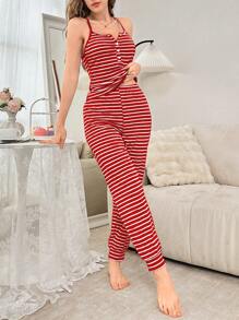 Women's Casual Striped Print Front Split Front Cami Top & Pants Pajama Set Bridal Lingerie, Lounge Outfit - Red - View 5