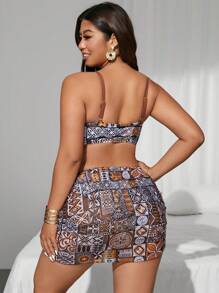 Swim SXY Plus Size 3pcs Set Geometric Retro Print Hollow-Out Adjustable Strap High Waist Swimwear With Mesh Skirt, Sexy & Elegant Beach Holiday Outfit For Women