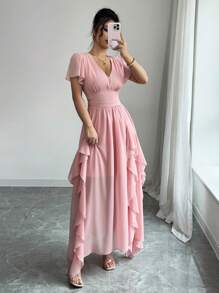 Rafferiza 优雅修身荷叶边下摆连衣裙，法式风格 - 粉色 - 查看 5