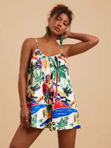 Travachic 热带彩色印花 V 领无袖宽松连体裤，适合海滩度假 - 彩色 - 查看 1