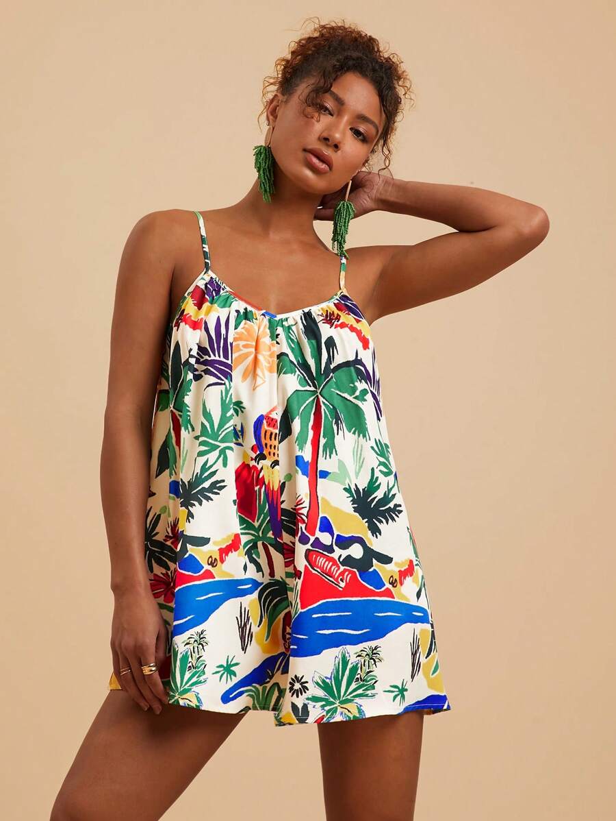 Travachic 热带彩色印花 V 领无袖宽松连体裤，适合海滩度假 - 彩色 - 查看 1