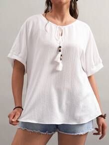 SHEIN VCAY 大码蝙蝠袖系带流苏衬衫夏季沙滩装度假女士复活节春季女士圣帕特里克复活节狂欢节优雅休闲西部可爱波西米亚乡村老钱教师早午餐女士热带度假女士伊比沙岛 - 白色 - 查看 4