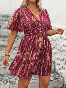 EMERY ROSE Plus Size V-Neck Short Sleeve Minimalist Casual Dress - Red Violet - View 7