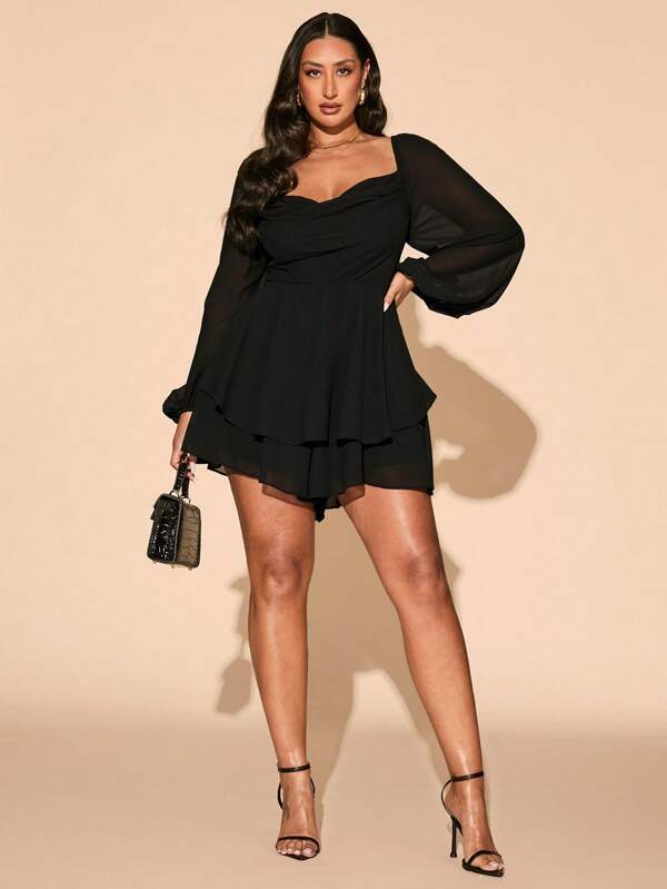 SHEIN BAE Plus Size Women's Spring/Summer Long Sleeve Daily/Festival/Date/Party Loose Draped Neck Ruched Slit Black Solid A-Line Satin Sweet Sexy Romper For Vacation