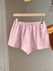 Comfortcana Summer Elegant Stripe Print Sweet Pink Bow Striped Low Waisted Elastic Shorts - Pink - View 2