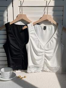 Comfortcana Women's Summer V-Neck Lace Trim Solid Color Tank Top, 2 Packs, Suitable For Daily Wear - Black and White - View 3