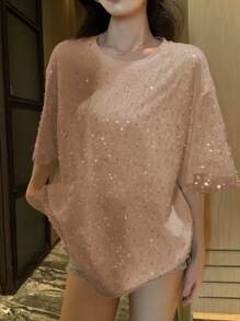 DAZY 女士时尚二合一亮面网纱串珠圆领短袖T恤亮片 - 杏色 - 查看 5