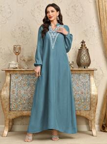 Al Najma Women's Loose Floral Embroidered V-Neck With Stand Collar Dress, Fashion And Elegant Arabic-Style,Modest - Blue - View 5