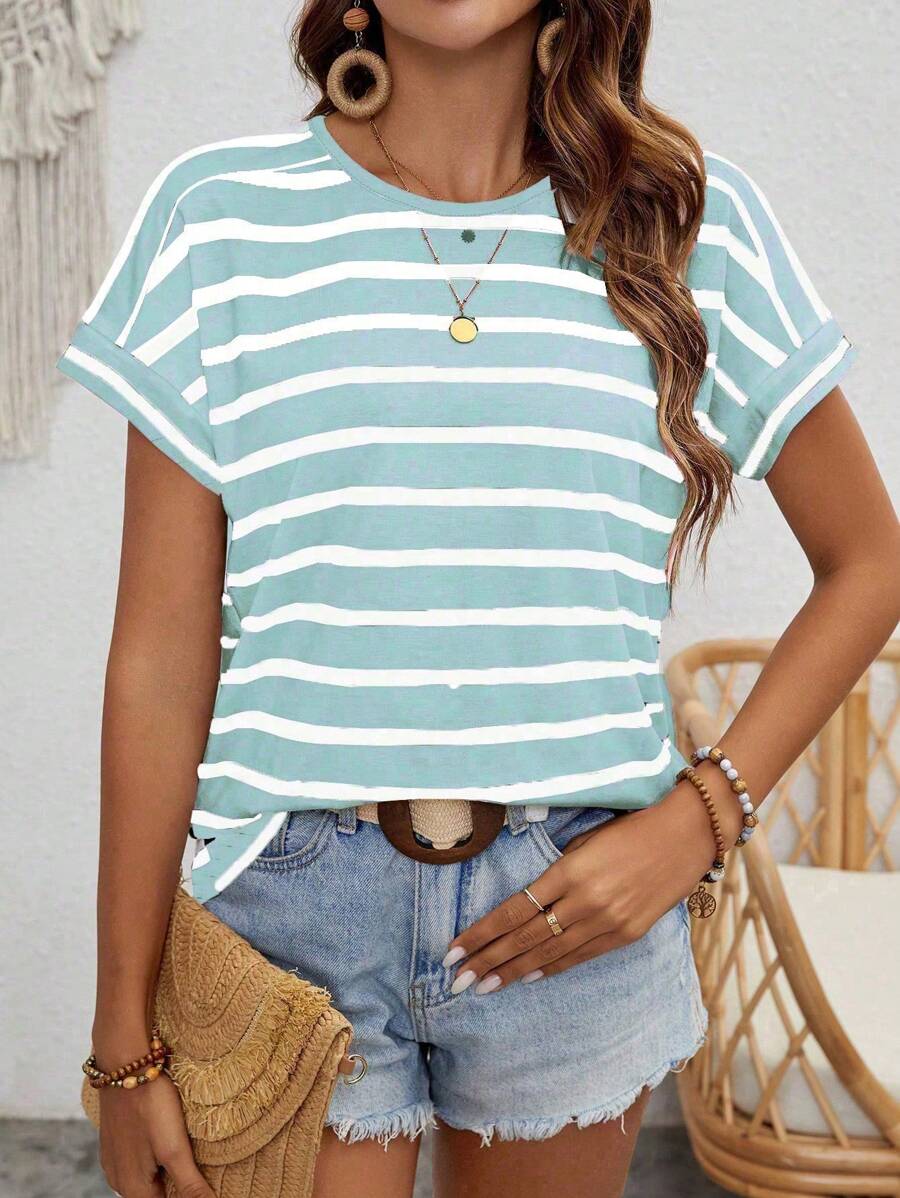 EMERY ROSE 女士夏季条纹印花圆领短袖休闲 T 恤图案 T 恤女式上衣 - 薄荷綠 - 查看 1