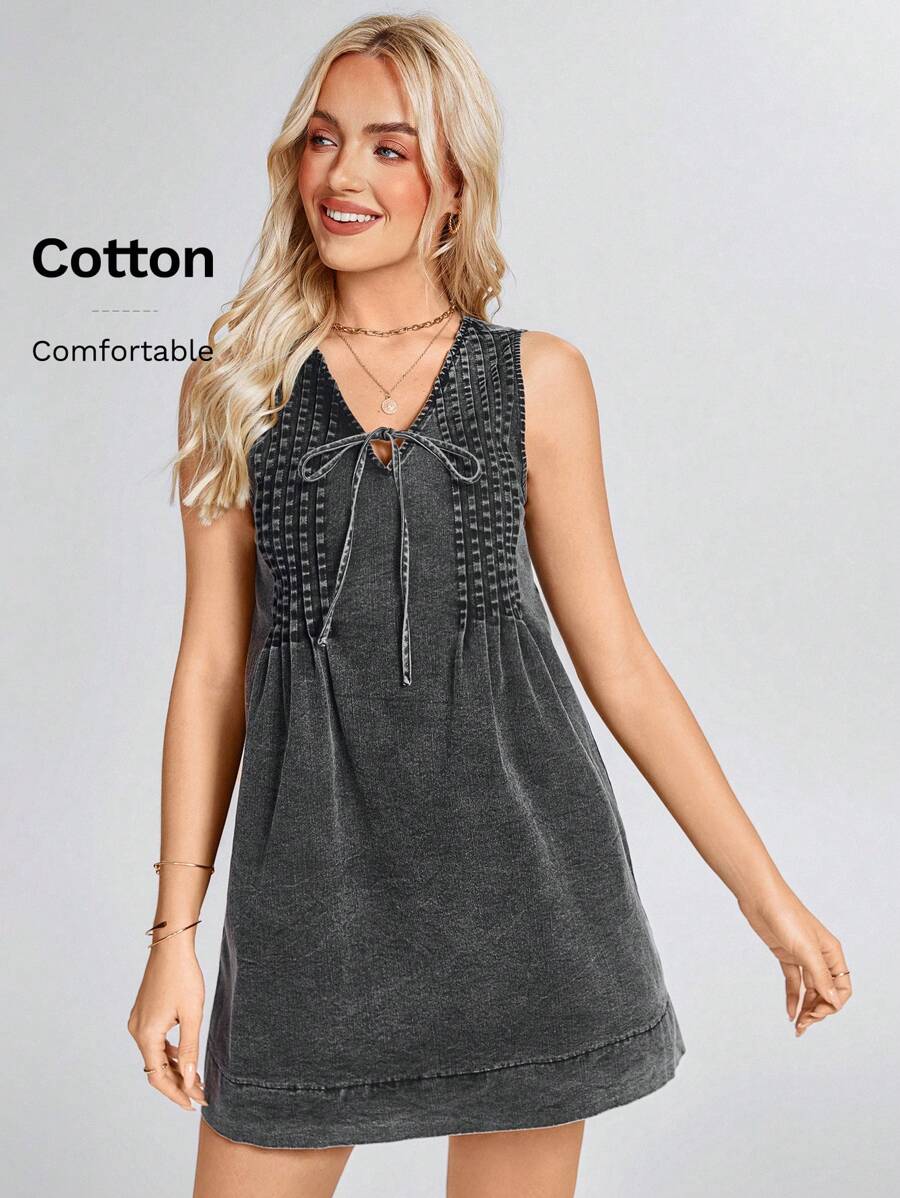 SHEIN LUNE 女士春夏无袖 V 领系带水洗复古 A 字短裙