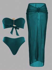 Swim Oasis 3 件套春假海滩女士服装：吊带泳装、透视长裙、优雅性感露背配饰，非常适合度假、夏季 - 水鴨藍 - 查看 2
