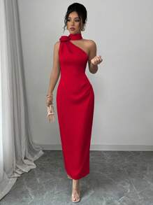 Elenzga 优雅性感法式缎带斜肩立领 3D 花腰褶修身紧身连衣裙 - 紅色 - 查看 5