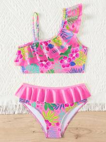 Young Girl's Tropical Print Bikini Set, Beach/Vacation - Pink - View 4