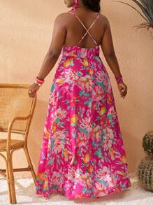 Slaydiva Plus Size Women's Boho Maxi Dress: Pink Floral Print, Sleeveless With Cowl Neck And High Slit - Multicolor - View 2