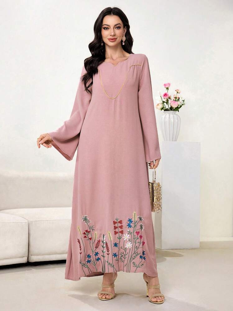 Al Najma Floral Print V-Neck Long Sleeve Ruffle Hem Arabian Dress,Modest - Pink - View 7