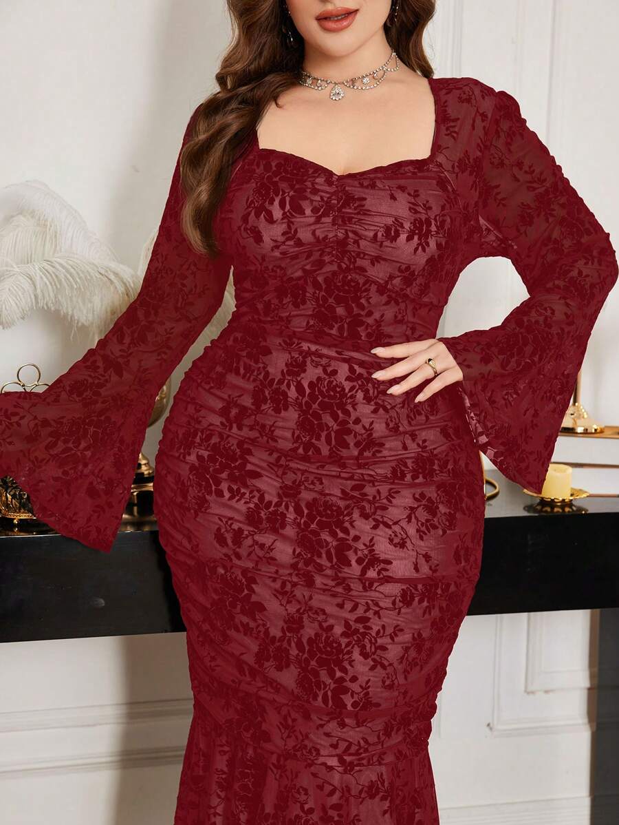 Modelyn Vestido de cola de pez maxivestido con mangas acampanadas de encaje, elegante y entallado, para primavera/verano, tallas grandes - Burdeos - Ver 1