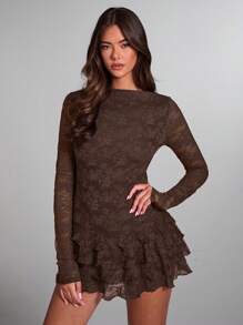 SHEIN BAE 女士酒红色纯色优雅花卉蕾丝长袖荷叶边下摆迷你连衣裙，适合约会之夜、夜总会、生日派对、情人节、鸡尾酒会 - 咖啡棕 - 查看 5