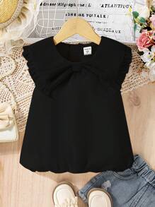 Young Girl The New Style Of Short-Sleeved Chiffon Top With A Bowknot. It Features A Bubble Hem, Is Comfortable, And Represents The Fashion , Being Elegant, Sweet, And Cute, A Must-Have For Daily Wear - Black - View 1
