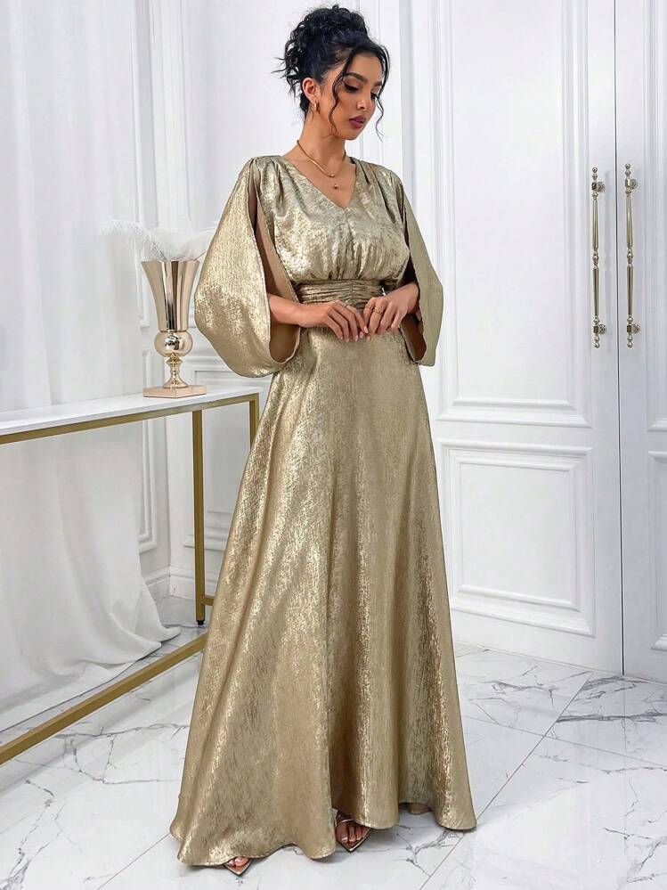 Chiquease Women V-Neck Solid Color Waist Ruched Zipper Elegant Long Vacation Dress, Suitable For Ramadan - Gold - View 6