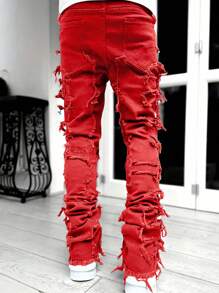 SHEIN 千禧年男孩时尚休闲街头风毛边设计红色直筒童牛仔裤，柔软舒适，适合日常穿着和夏季穿着。 - 紅色 - 查看 2