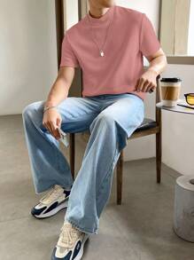 Manfinity VCAY 男士休闲纯色立领短袖 T 恤 - 粉色 - 查看 4