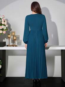 Modelyn Women's Elegant Commuter Fitted Pleated Long Dress, Suitable For Daily And Formal Wear Fall Cloth For Women - Teal Blue - View 2