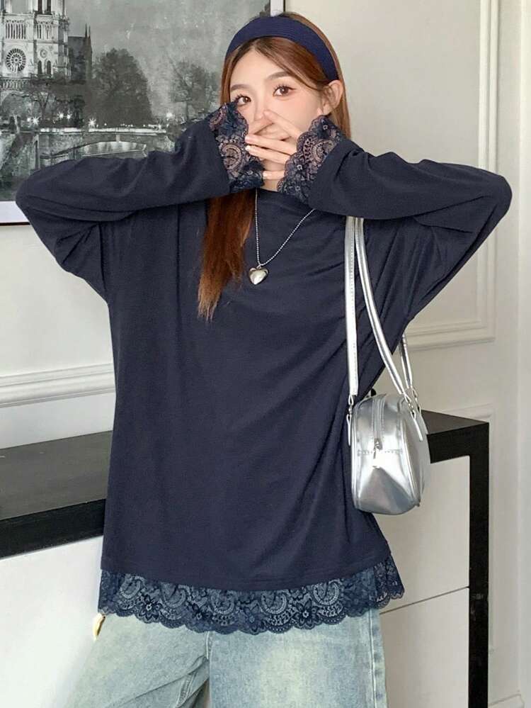 Women's Casual Loose Lace Patchwork Drop Shoulder Round Neck Long Sleeve T-Shirt,Fall Clothes