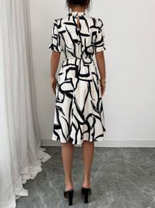 Elenzga 春夏新款优雅休闲收腰花卉印花荷叶边领泡泡袖 A 字型中长连衣裙 - 彩色 - 查看 2