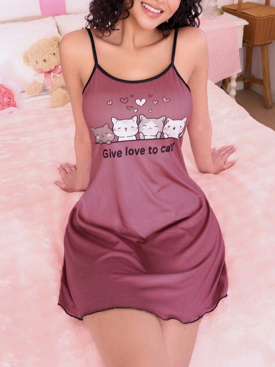 SHEIN Camisón de mujer con estampado lindo de gato - Multicolor - Ver 1