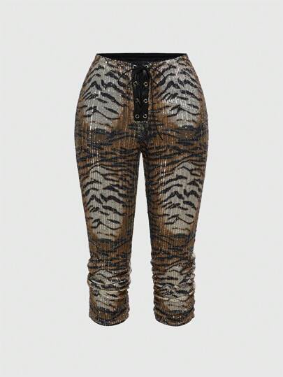 J-Fashion Vintage Low-Waist Leopard Print Sequin Belted Women Capri Pants