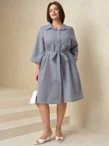 SHEIN Clasi Curve Plus Size Women's Blue And White Check Business Elegant Bow Waist Button Stand Collar 3/4 Sleeve Dress,Dresses For Women Elegant,Old Money Style Women,Modest Dresses For Women,Summer Outfits For Women,Summer Dresses For Women,Vacation Outfits Woman,Vacation Outfits Women,Summer Clothes,Business Casual Woman,Going Out Outfits, - Blue and White - View 4