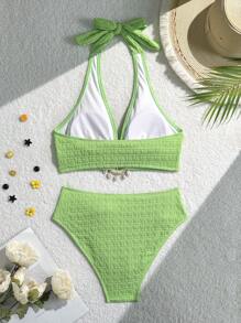 Swim Vcay Bộ đồ bơi bikini 2 mảnh gợi cảm buộc dây màu trơn cho nữ, đi biển mùa hè - Màu xanh Ô liu - Xem 4