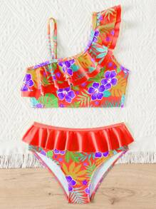 Young Girl Tropical Plant Print Ruffled Asymmetric Collar Bikini Set - Coral Orange - View 4