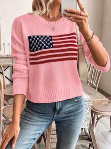 SHEIN LUNE Women's Casual American Flag Graphic Crew Neck Long Sleeve Sweater Knit Pullover Fall Winter - Pink - View 3