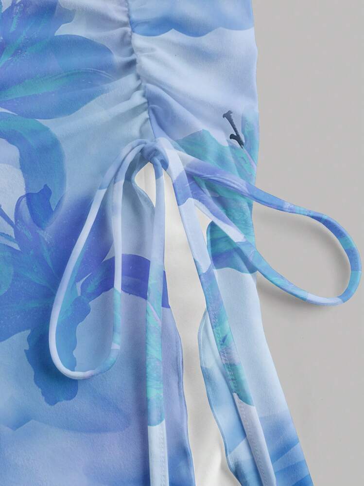 SHEIN MOD 女士花卉图案无袖短款上衣，适合夏季 - 藍色 - 查看 3