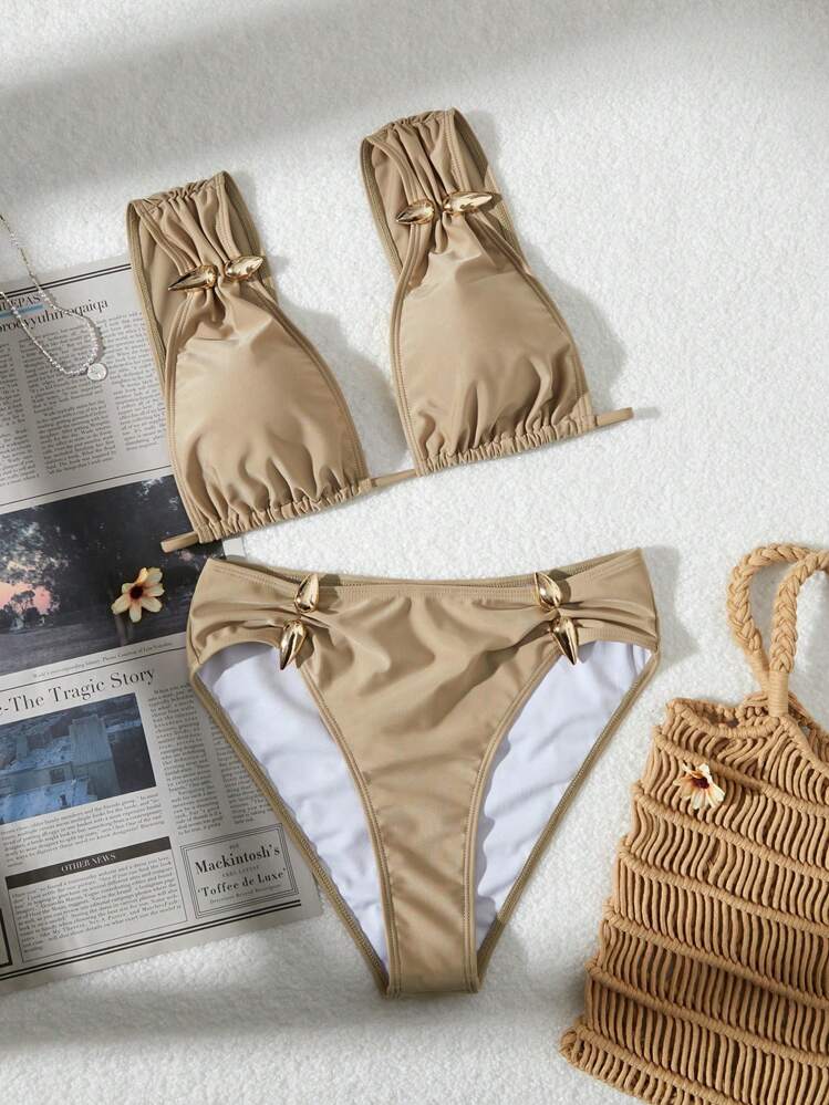 Swim Chiccia 2 cái/bộ đồ bơi bikini màu trơn mới cho nữ, trang phục đi biển mùa xuân, trang phục mùa hè, lễ hội Boho - Màu Khaki - Xem 8