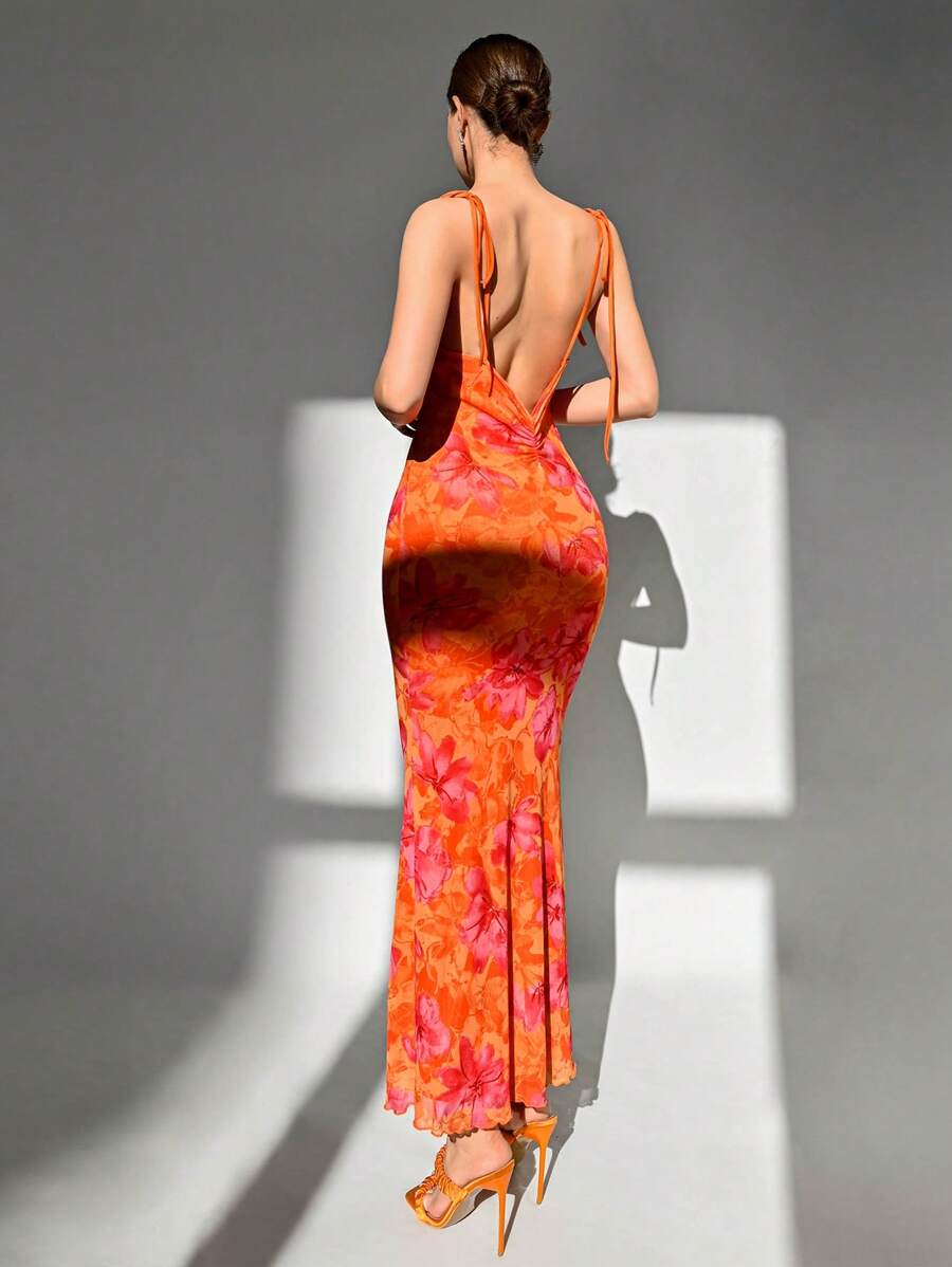 Aloruh Váy dài hở lưng dây mảnh cho nữ, thời trang tối giản phù hợp cho mùa hè - trái cam - Xem 1