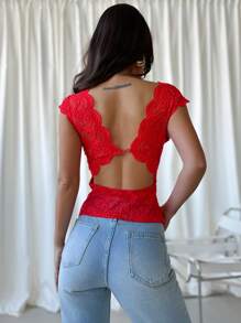Firerie Sexy & Elegant Deep V Lace Contrast Color See-Through Backless Camisole For Dates - Red - View 2