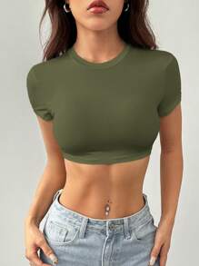 SHEIN PETITE Casual Simple Solid Color Round Neck Cropped Slim Fit Women's T-Shirt - Army Green - View 5