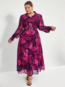 Aveloria Modichic Plus Size Elegante Vakantie Stijl Bloemenprint Lange Mouw Revers Kraag Paars Rode Chiffon Jurk Met Riem