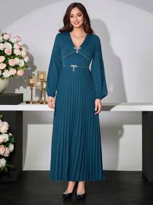 Modelyn Women's Elegant Commuter Fitted Pleated Long Dress, Suitable For Daily And Formal Wear Fall Cloth For Women - Teal Blue - View 3