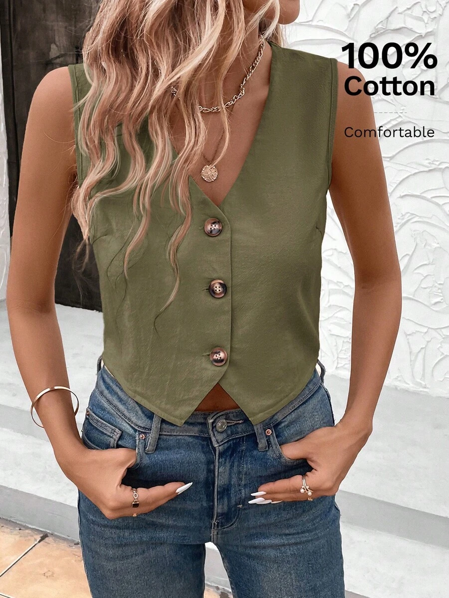 SHEIN LUNE Ärmellose Damen V-Ausschnitt Einfarbiges Hemd mit Einzelknopfleiste für Bürodamen, Sommer, ärmellose Oberteile - Armeegrün - Übersicht 1