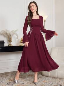 Modelyn Đầm voan dài tay loe buộc eo thanh lịch cho nữ, Xuân/Hè - Màu Đỏ Sâu - Xem 3