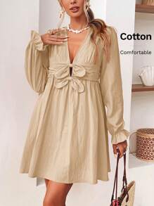 SHEIN VCAY Women's Casual Solid Color Deep V-Neck Ruffled Sleeve Bow Decor Mini Dress - Khaki - View 7