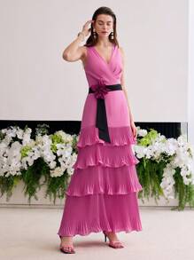 MOTF Soiréza VESTIDO DE CAPAS CON ESTAMPADO FLORAL ESTÉREO - Rosa Fucsia - Ver 6